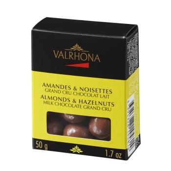 scatola mandorle e nocciole cioccolato al latte 50 g di valrhona