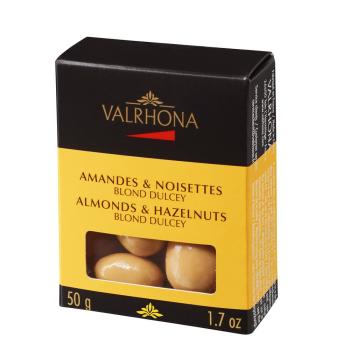scatola mandorle e nocciole cioccolato dulcey 50 g di valrhona