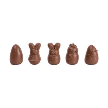 assortimento animali di pasqua pralinato nocciola 55 e scaglie di biscotto latte 5 forme di valrhona