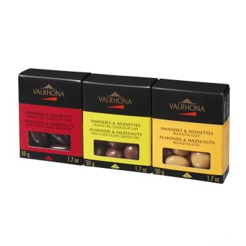 tripack mandorle e nocciole cioccolato fondente al latte e dulcey 150 g di valrhona