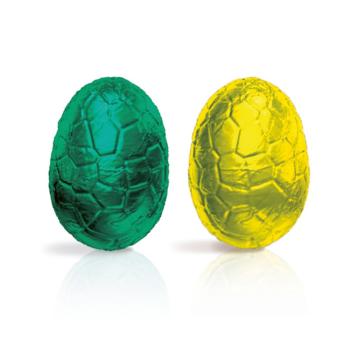 uovo pralinato mandorle e nocciole incartato 2 colori verde e giallo di valrhona
