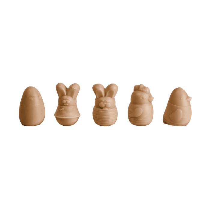 assortimento animali di pasqua tipo gianduja e crepe croccante dulcey 5 forme di valrhona