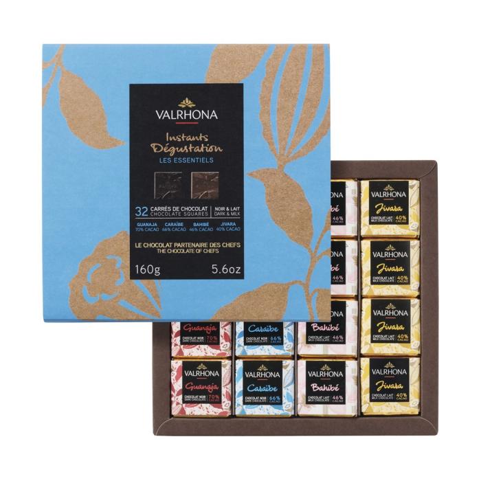 cofanetto 32 carre di cioccolato fondente e al latte di valrhona