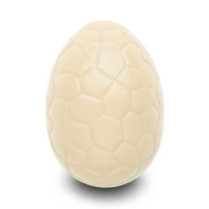 Uovo pralinato fruttato 55%. Copertura di cioccolato bianco.