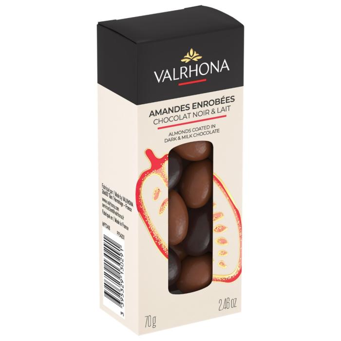 astuccio mandorle ricoperte di cioccolato fondente e al latte 70 g di valrhona