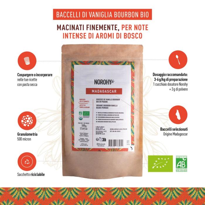 baccelli di vaniglia del madagascar in polvere bio di norohy