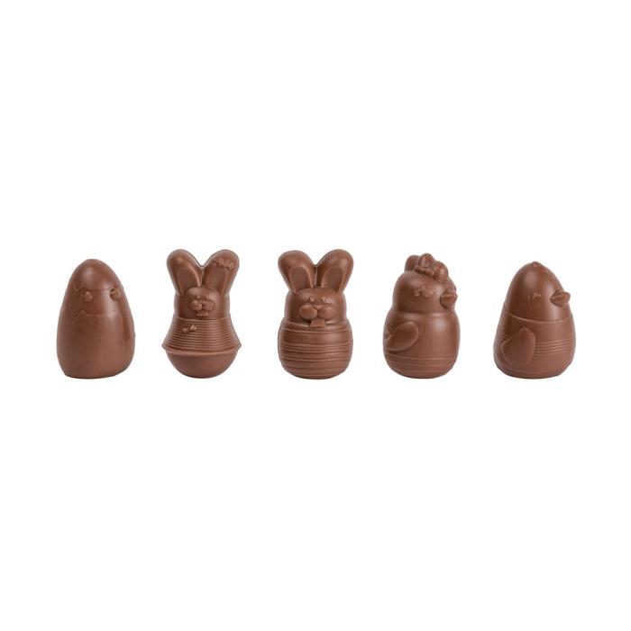 assortimento animali di pasqua pralinato nocciola 55 e scaglie di biscotto latte 5 forme di valrhona