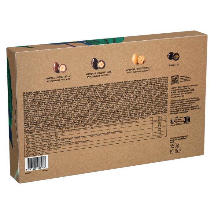 mandorle e nocciole ricoperte di cioccolato fondente al latte dulcey e mini orangettes di valrhona