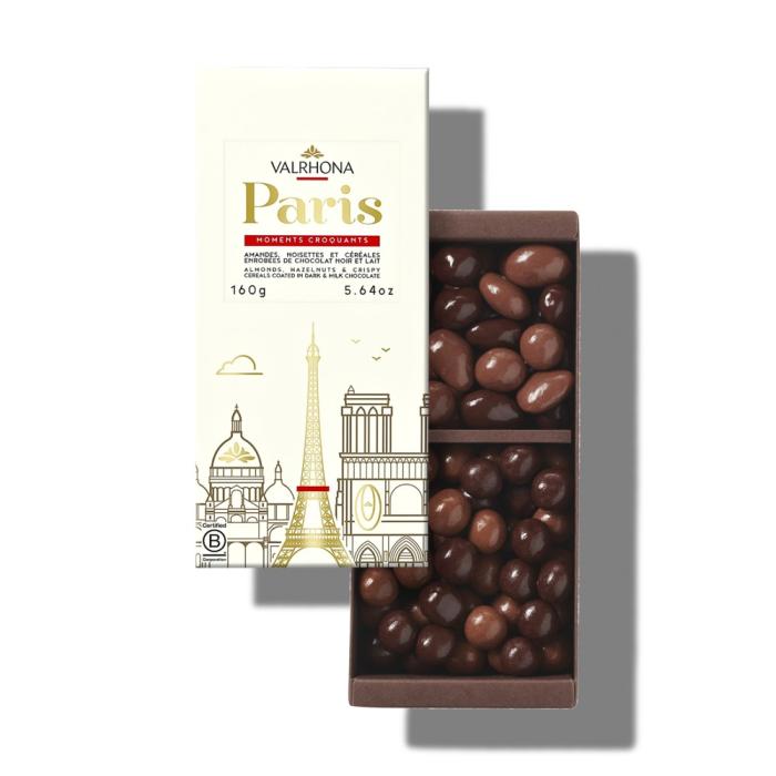 cofanetto parigi mandorle nocciole e cereali con cioccolato fondente e al latte 160 g di valrhona