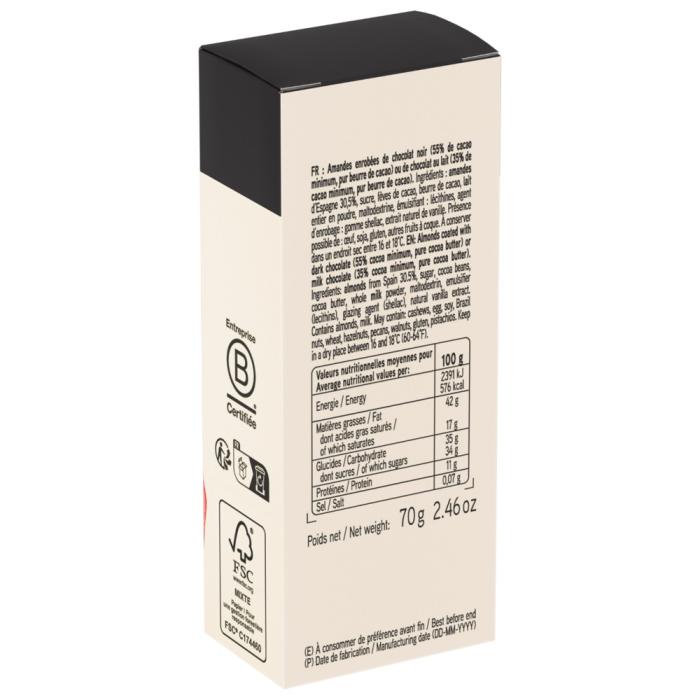 astuccio mandorle ricoperte di cioccolato fondente e al latte 70 g di valrhona