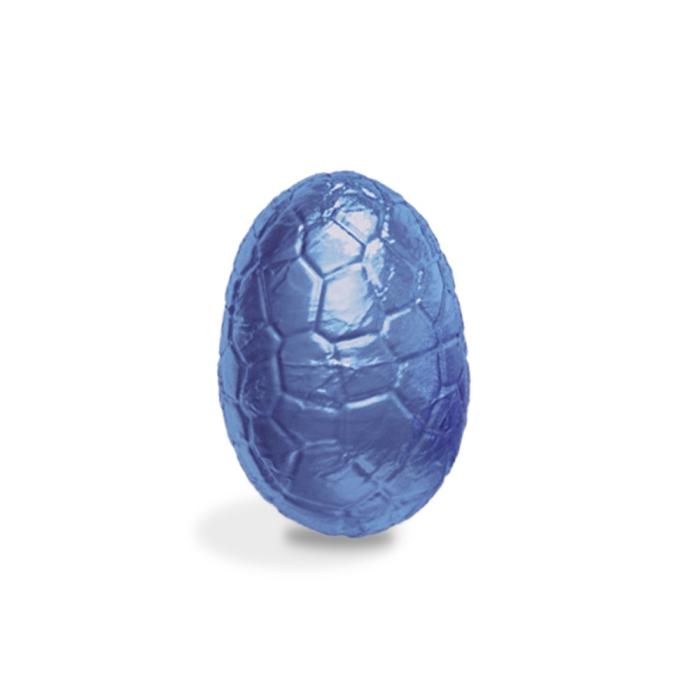 uovo tipo gianduja con granella di nocciole incartato in blu di valrhona