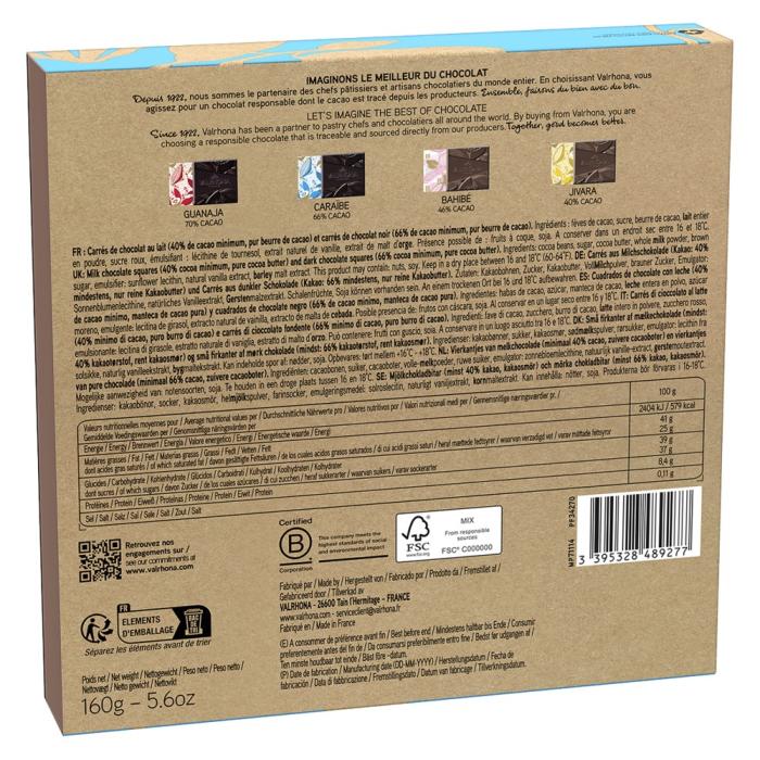 cofanetto 32 carre di cioccolato fondente e al latte di valrhona