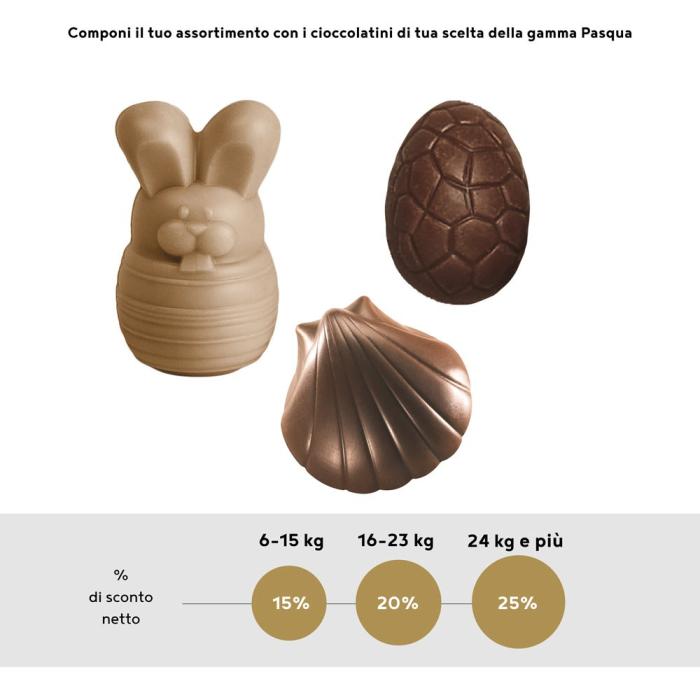 uovo pralinato mandorle e nocciole copertura di colore arancione di valrhona